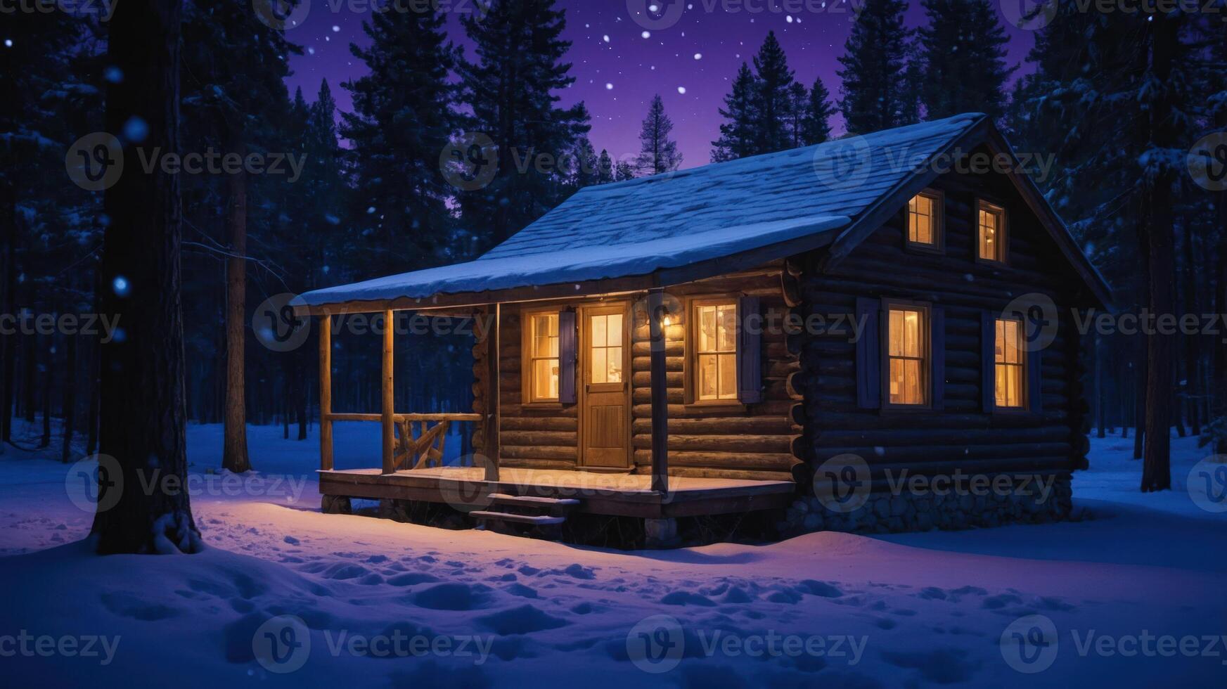 Snowy Cabin in Forest at Night with Warm Glowing Windows photo