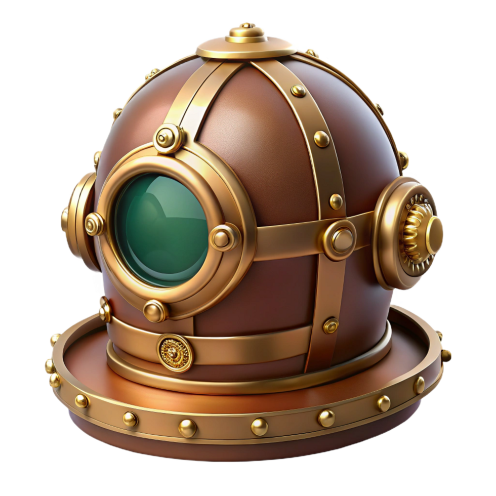 spectacular notable Steampunk helmet with tinted visor and ornate brass details. NO BACKGROUND with Transparent Background. png