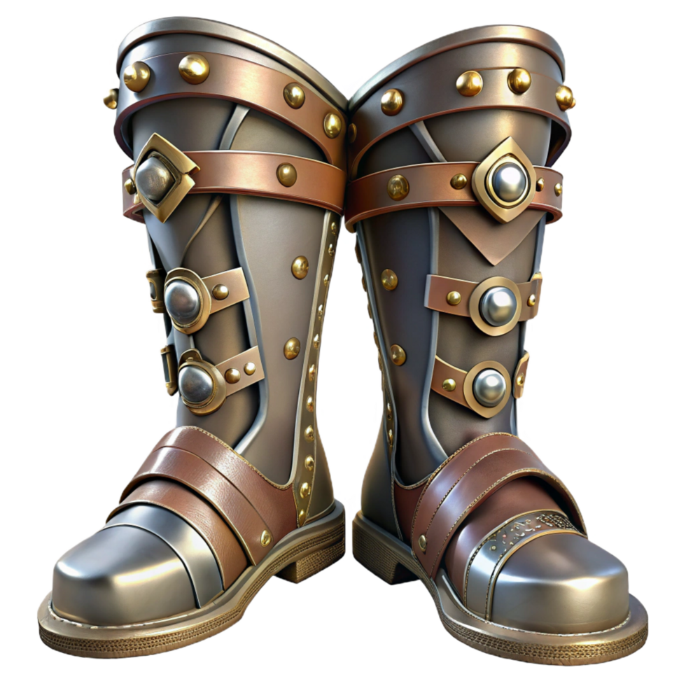 enchanting quintessential Steampunk greaves with intricate metalwork and leather straps. NO BACKGROUND with Transparent Background. png