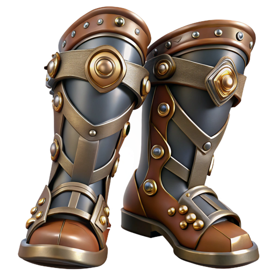fascinating notable Steampunk greaves with intricate metalwork and leather straps. NO BACKGROUND with Transparent Background. png