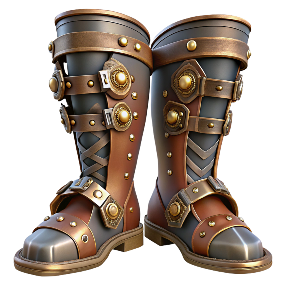 hypnotic intense urban Steampunk greaves with intricate metalwork and leather straps. NO BACKGROUND with Transparent Background. studio quality png
