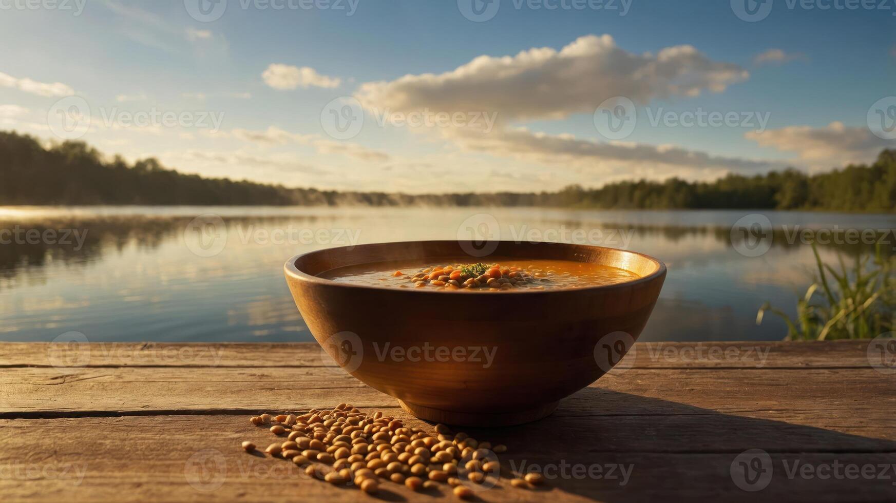 Delicious Lentil Soup Bowl at Lakeside with Peaceful Water Scenery photo