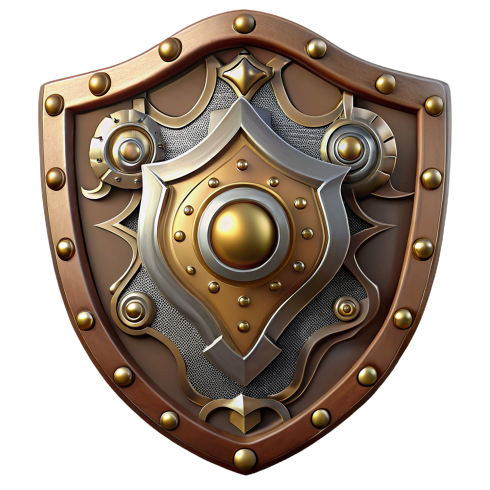 inspired minimalist Steampunk shield with intricate metalwork and decorative embellishments. NO BACKGROUND with Transparent Background. high quality png