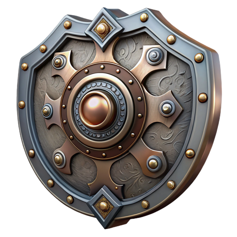 radiant notable Steampunk shield with intricate metalwork and decorative embellishments. NO BACKGROUND with Transparent Background. png