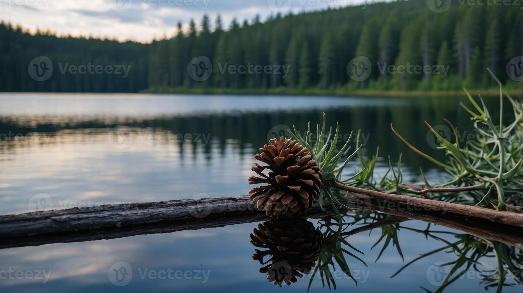 Pine Cone and Evergreen Sprig Reflected in Calm Lake Water photo