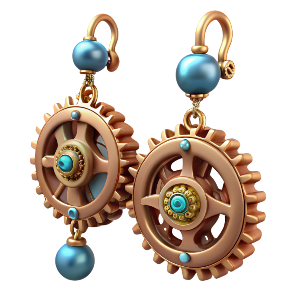 gorgeous energetic modern Steampunk earrings with intricate gears and dangling charms. NO BACKGROUND with Transparent Background. refined png