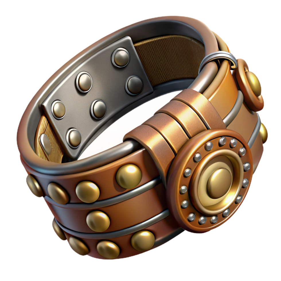 timeless avant-garde Steampunk bracelet with intricate metalwork and leather straps. NO BACKGROUND with Transparent Background. precision png