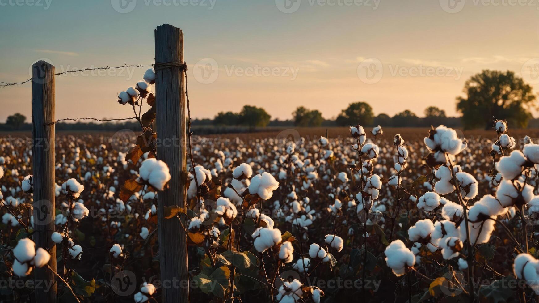 Cotton Field at Sunset with Wooden Fence and Peaceful Landscape photo