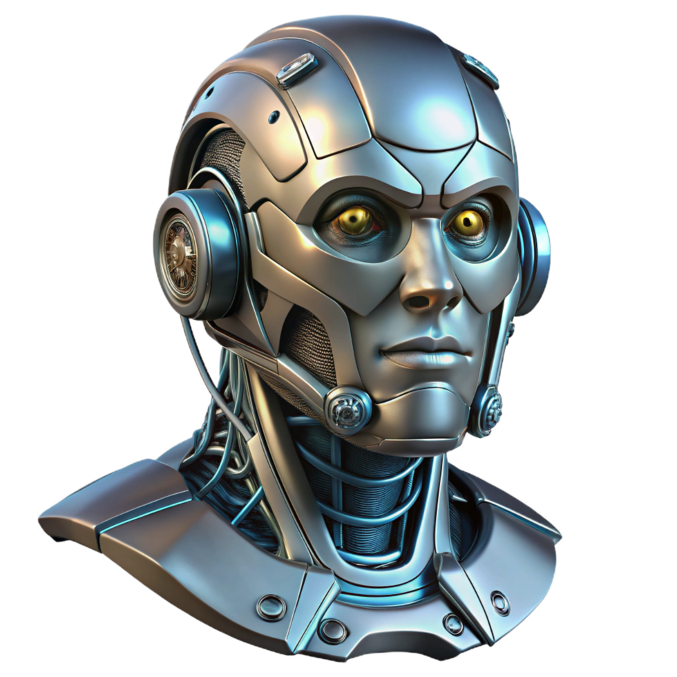 exceptional renaissance Cyberpunk robot head, intricate details, metallic, wires, glowing eyes NO BACKGROUND with Transparent Background. original png