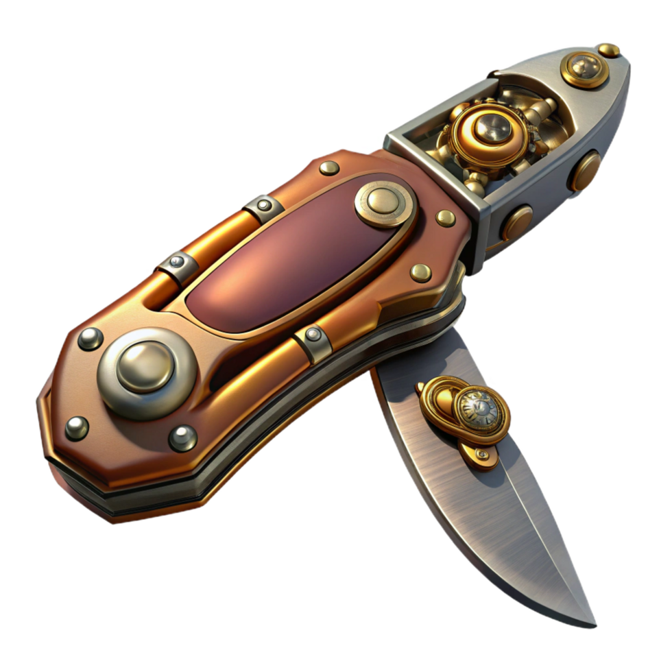 playful exquisite Steampunk pocket knife with ornate handle and folding blade. NO BACKGROUND with Transparent Background. flawless png