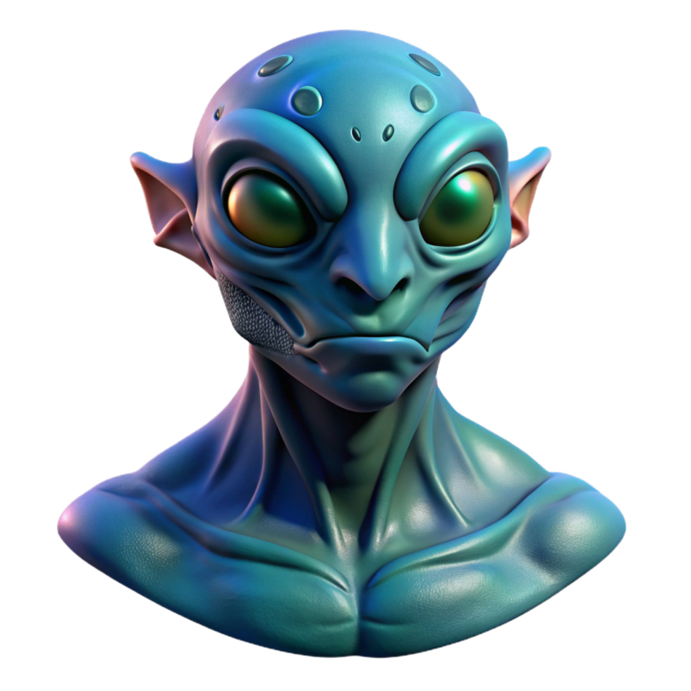vibrant melancholic creative Alien creature bust, three eyes, bioluminescent skin, textured scales NO BACKGROUND with Transparent Background. high resolution png