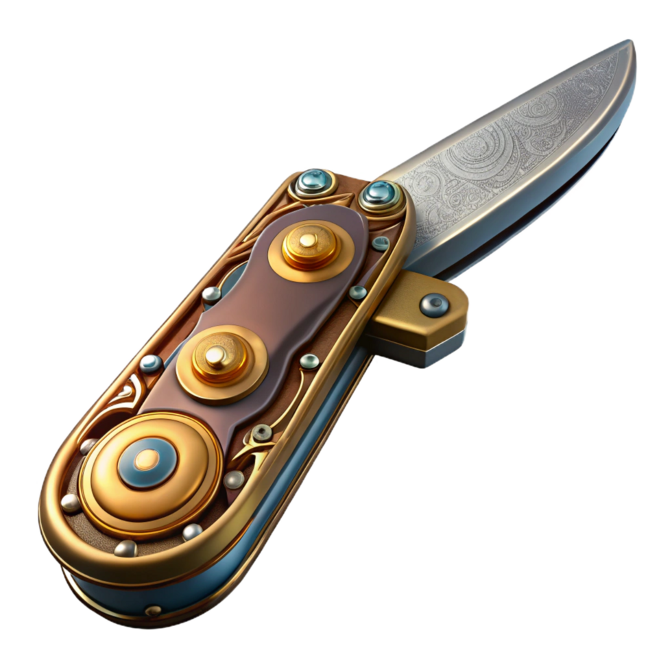 reflective enchanting Steampunk pocket knife with ornate handle and folding blade. NO BACKGROUND with Transparent Background. museum quality png