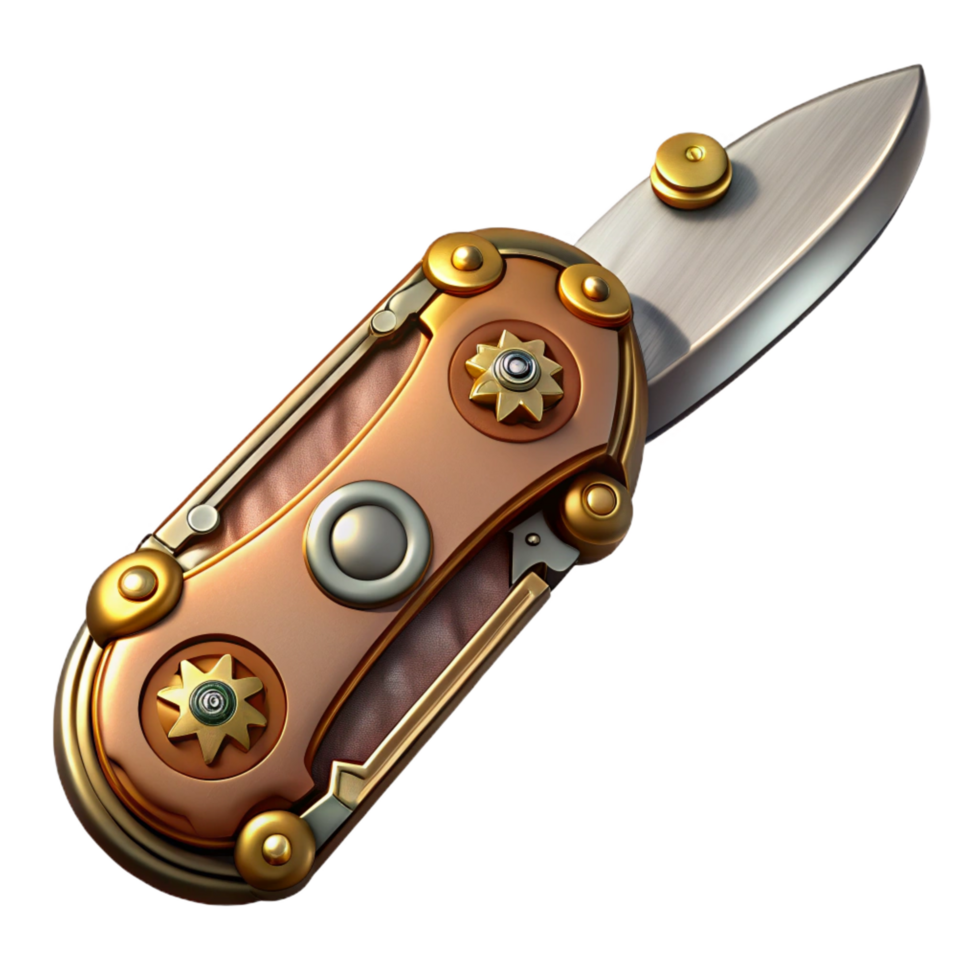 hypnotic geometric Steampunk pocket knife with ornate handle and folding blade. NO BACKGROUND with Transparent Background. handcrafted png