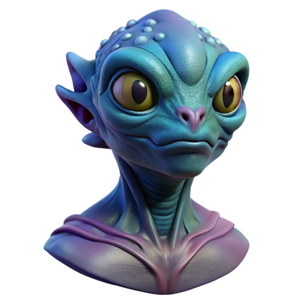 passionate wonderful Alien creature bust, three eyes, bioluminescent skin, textured scales NO BACKGROUND with Transparent Background. precision png