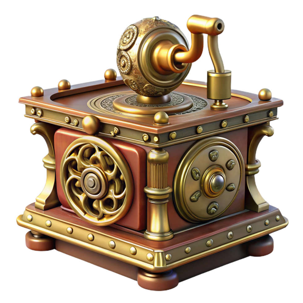 radiant modern Steampunk music box with ornate carvings and intricate mechanism. NO BACKGROUND with Transparent Background. top-tier png