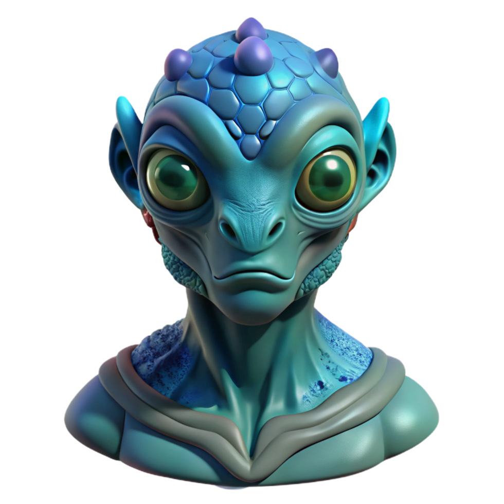 gorgeous sought-after Alien creature bust, three eyes, bioluminescent skin, textured scales NO BACKGROUND with Transparent Background. png
