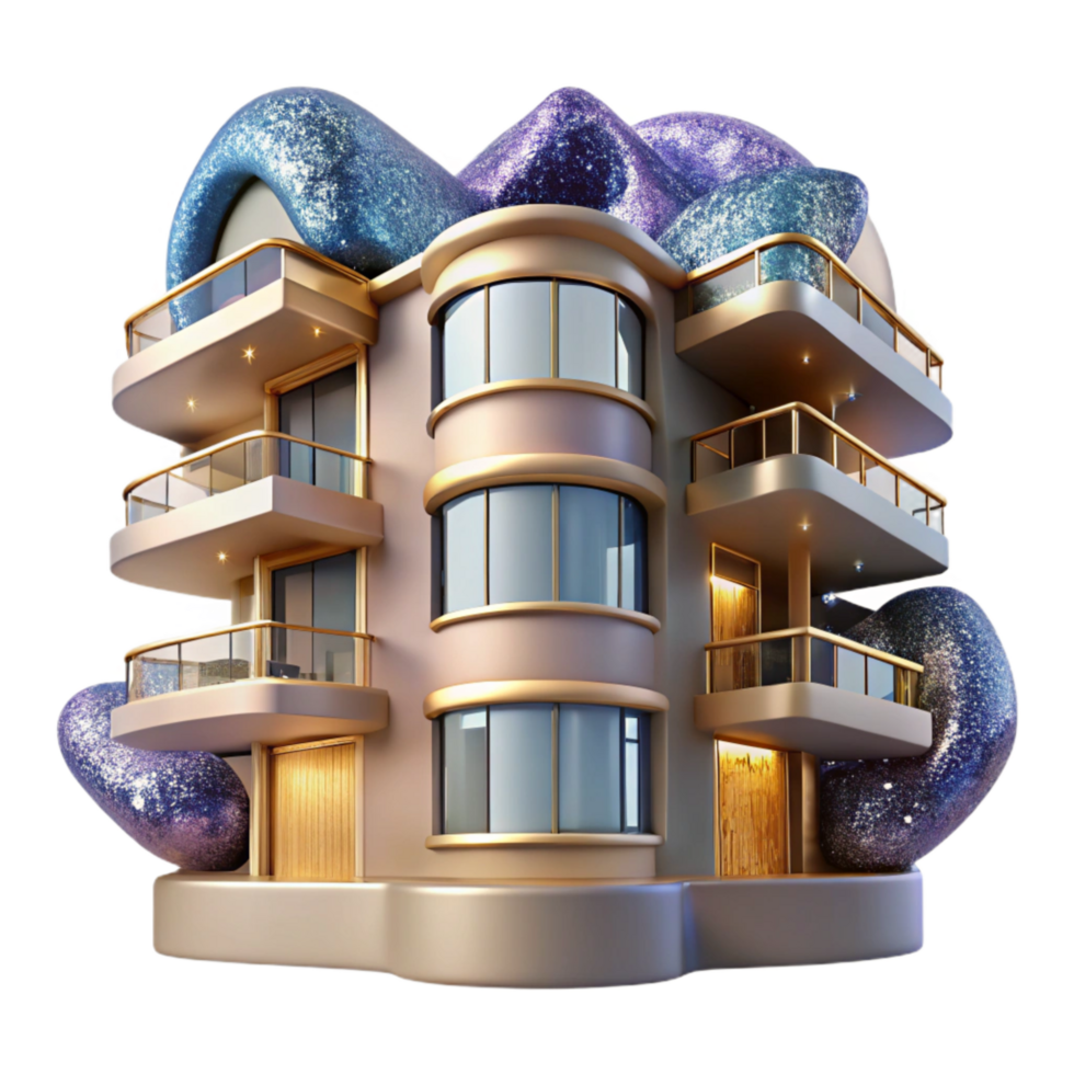 serene artistic Modern Apartment Building with Balconies Transparent Background high quality png