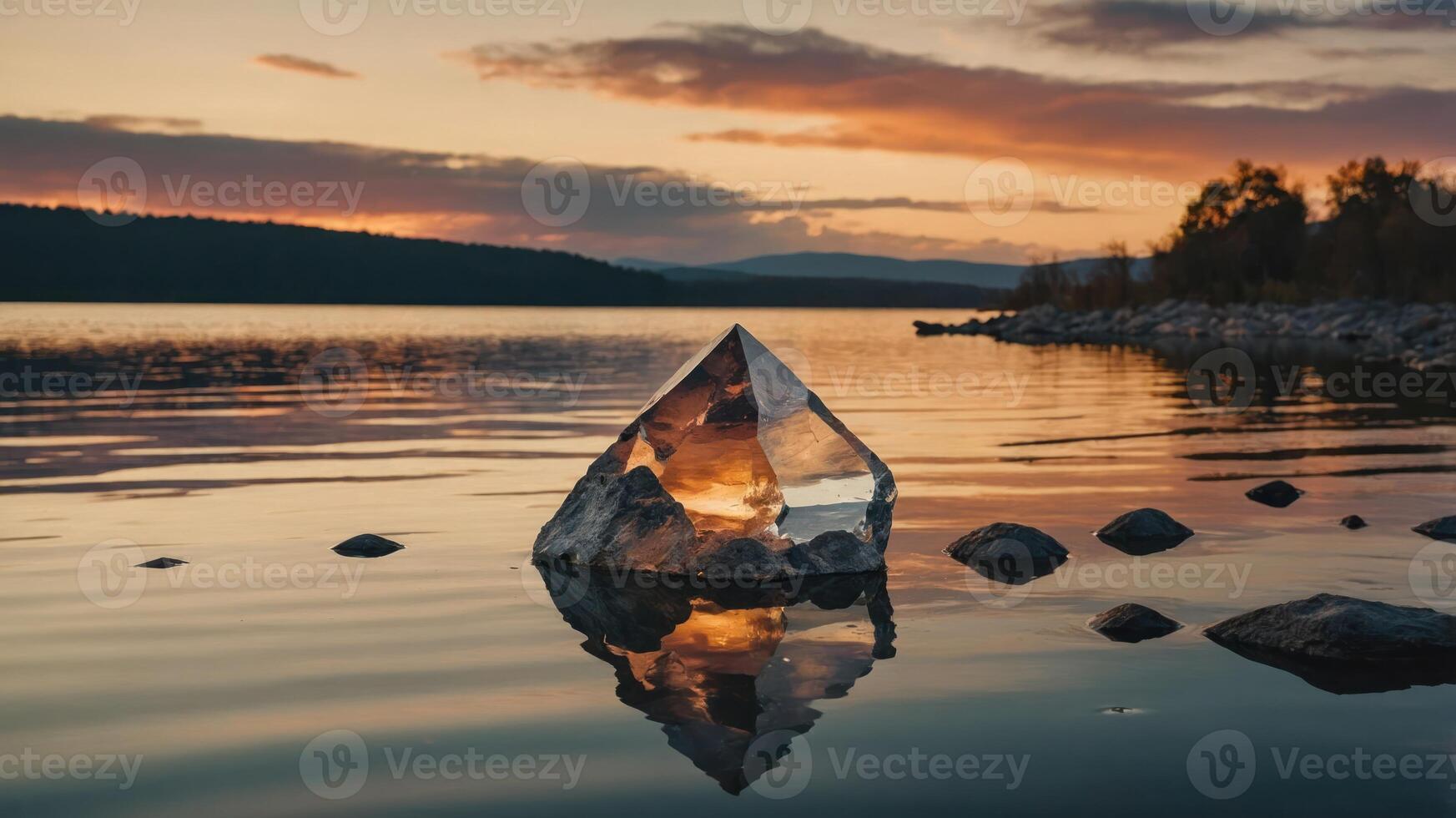 Reflecting Crystal Pyramid in Calm Lake at Dusk with Colorful Sky photo