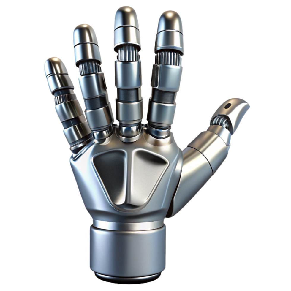 peaceful splendid Robot hand, metallic, detailed fingers, realistic texture, grasping pose NO BACKGROUND with Transparent Background. fine detail png