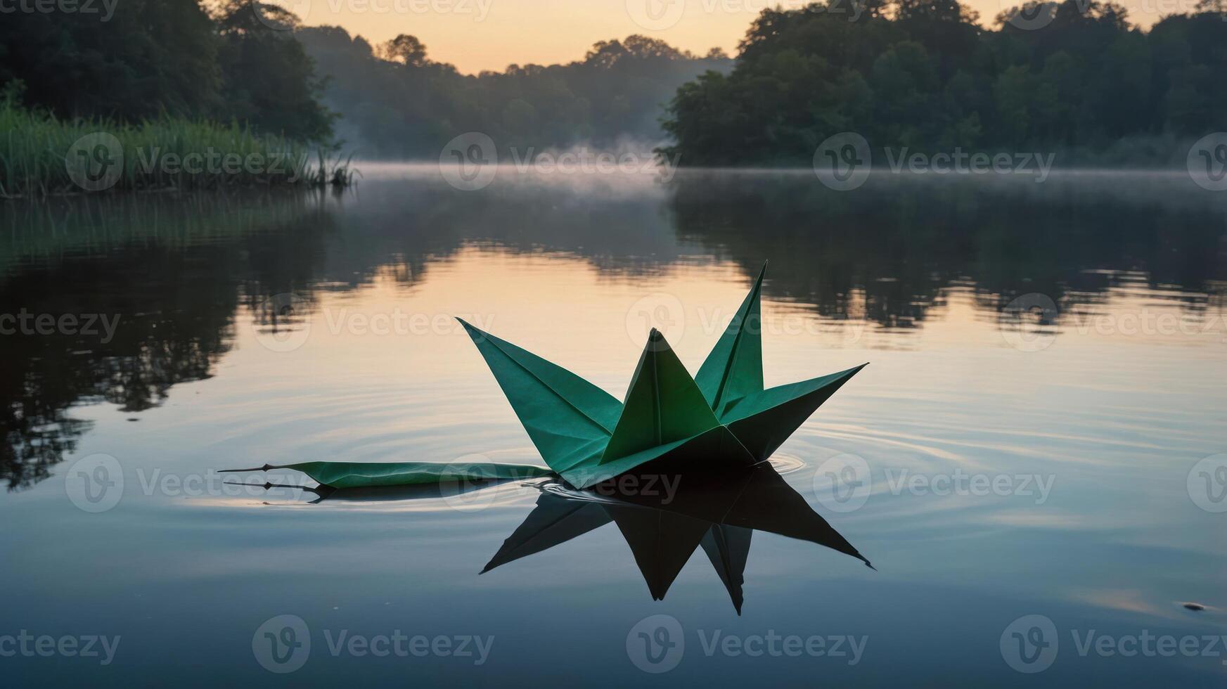 Paper Boat Floating Peacefully on Calm Lake at Sunrise with Mist photo
