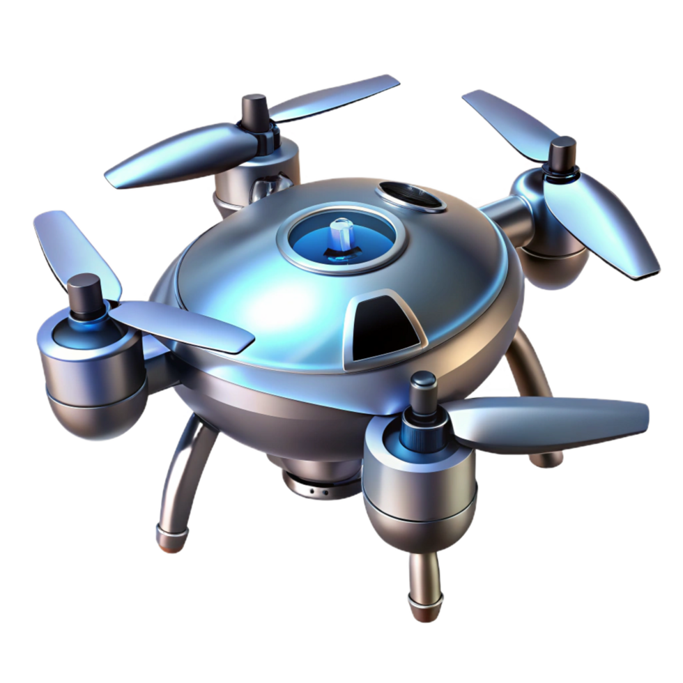 serene dreamy artistic Futuristic drone, sleek design, multiple rotors, camera lens, metallic finish NO BACKGROUND with Transparent Background. expertly shot png
