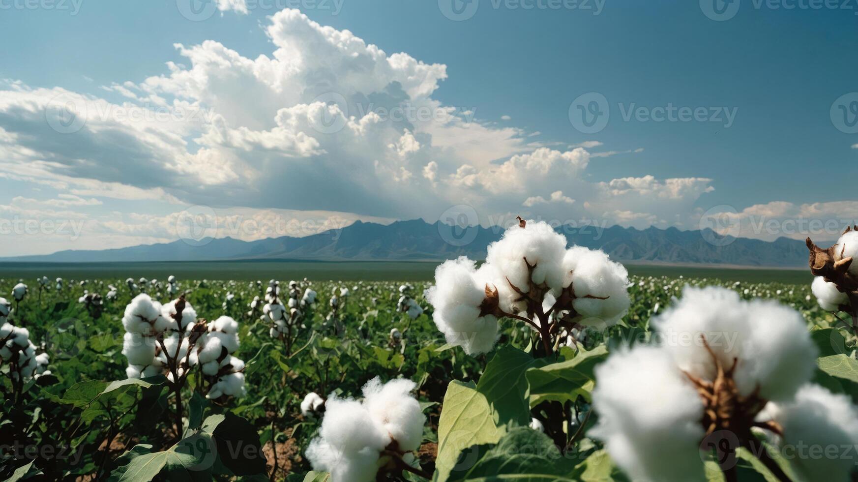 Cotton Field with Green Plants and Mountain Range Under a Cloudy Sky photo