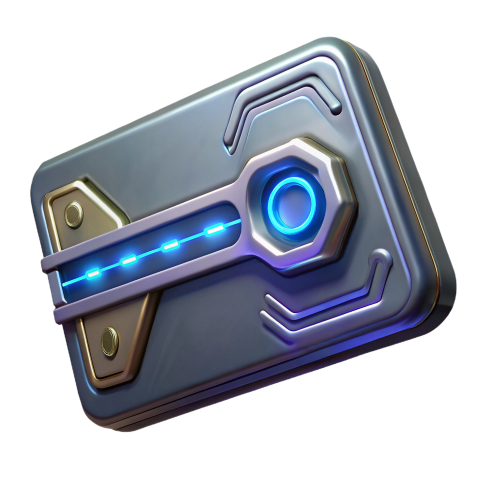 energetic beautiful Sci-fi keycard, glowing symbols, metallic finish, futuristic design NO BACKGROUND with Transparent Background. expertly shot png