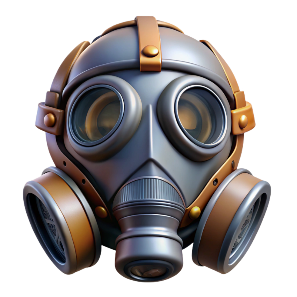 gorgeous contemporary Cyberpunk gas mask, respirator, filters, metallic details, worn texture NO BACKGROUND with Transparent Background. high resolution png
