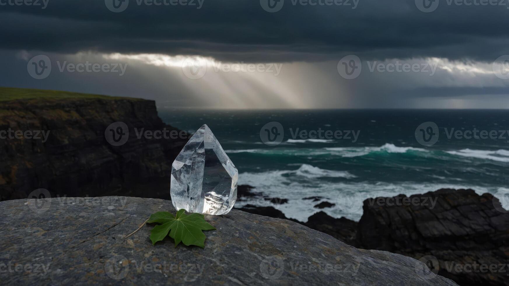 Clear Crystal Point on Rock Overlooking Stormy Ocean with Sunlight photo