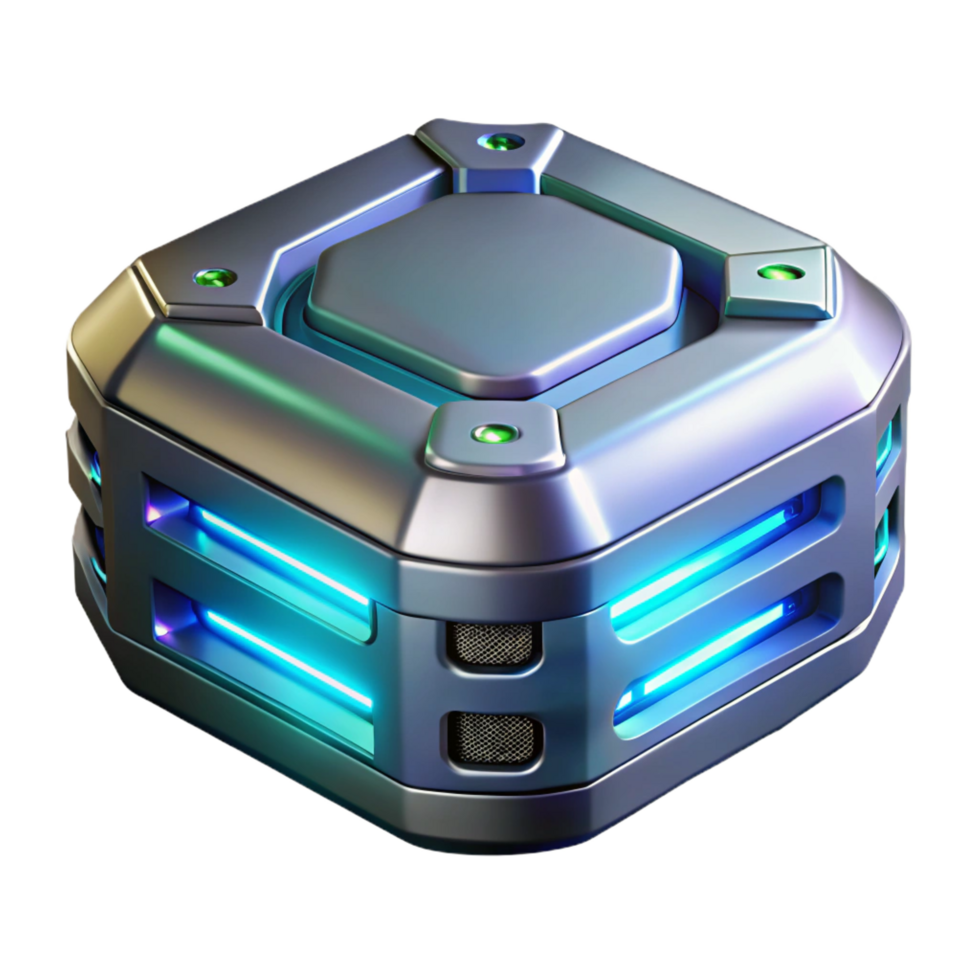 whimsical spectacular Sci-fi data storage device, glowing lights, futuristic design, metallic casing NO BACKGROUND with Transparent Background. high resolution png