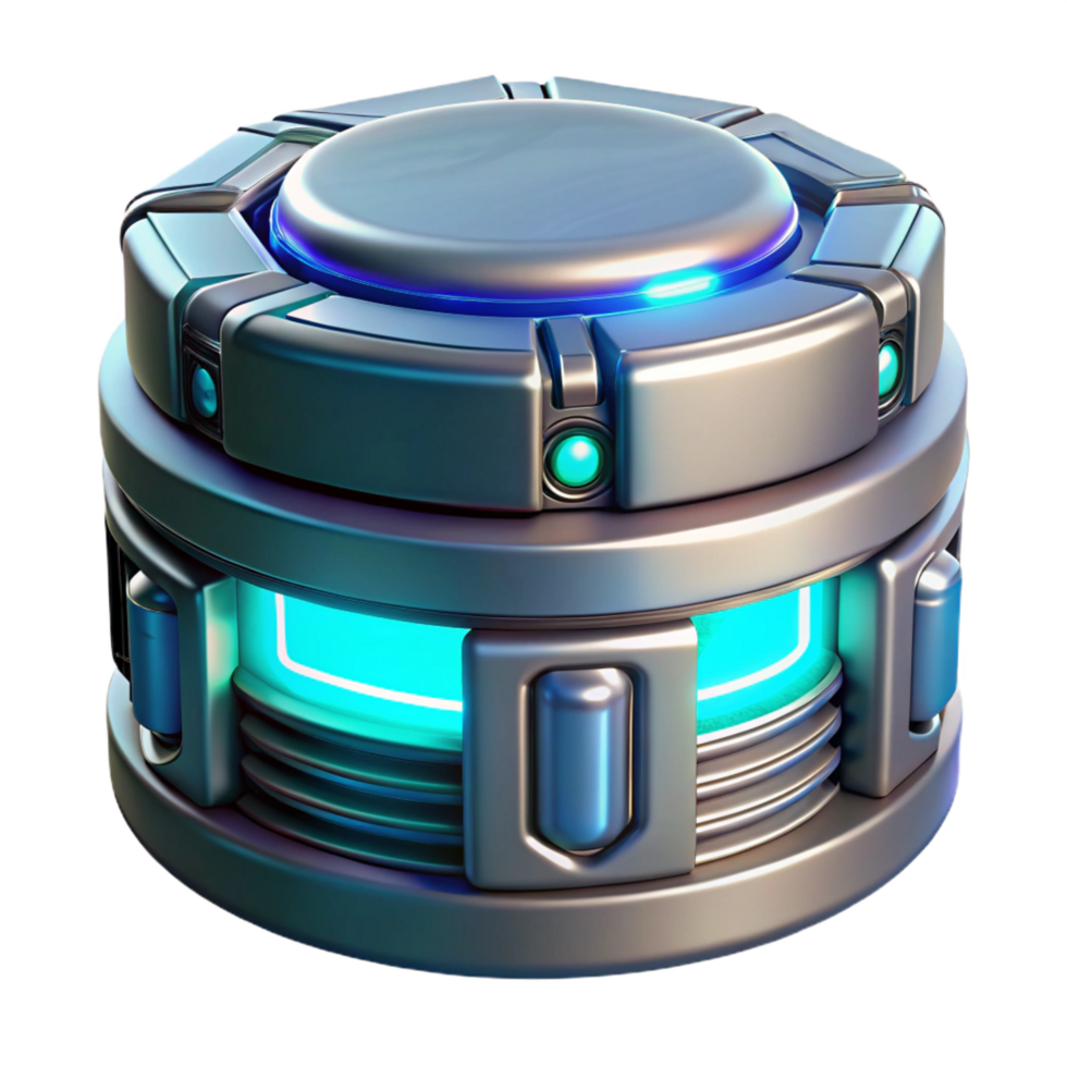 dramatic stunning Sci-fi data storage device, glowing lights, futuristic design, metallic casing NO BACKGROUND with Transparent Background. genuine png