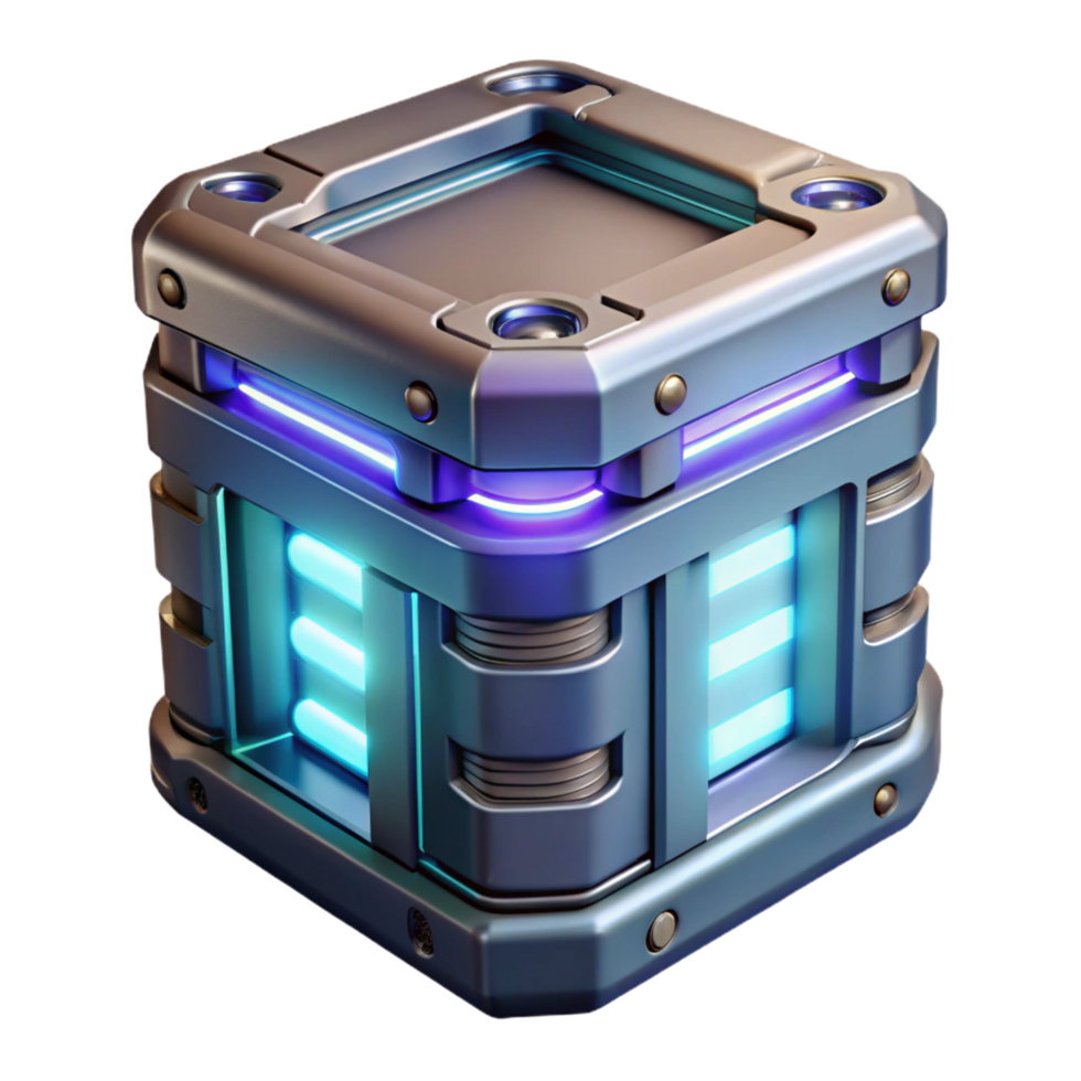 unparalleled abstract Sci-fi data storage device, glowing lights, futuristic design, metallic casing NO BACKGROUND with Transparent Background. handcrafted png