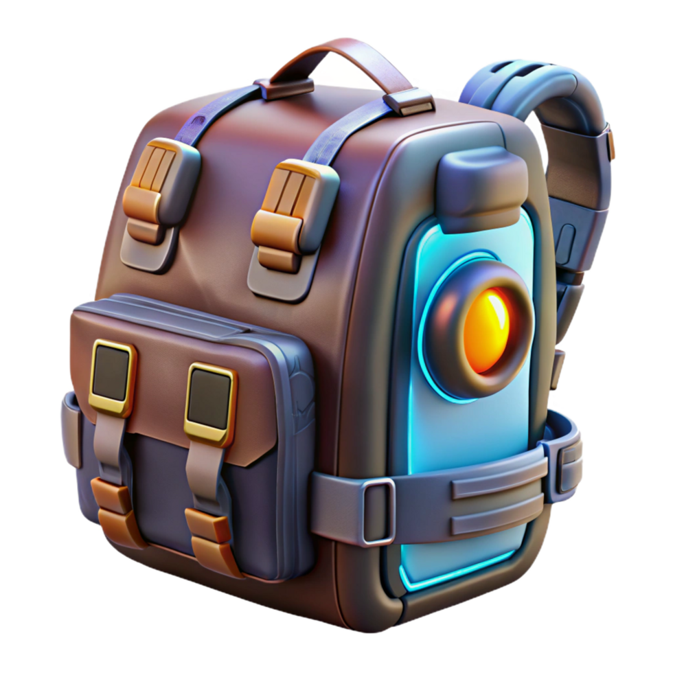 sought-after modern Cyberpunk backpack, futuristic design, multiple compartments, glowing accents NO BACKGROUND with Transparent Background. expertly shot png