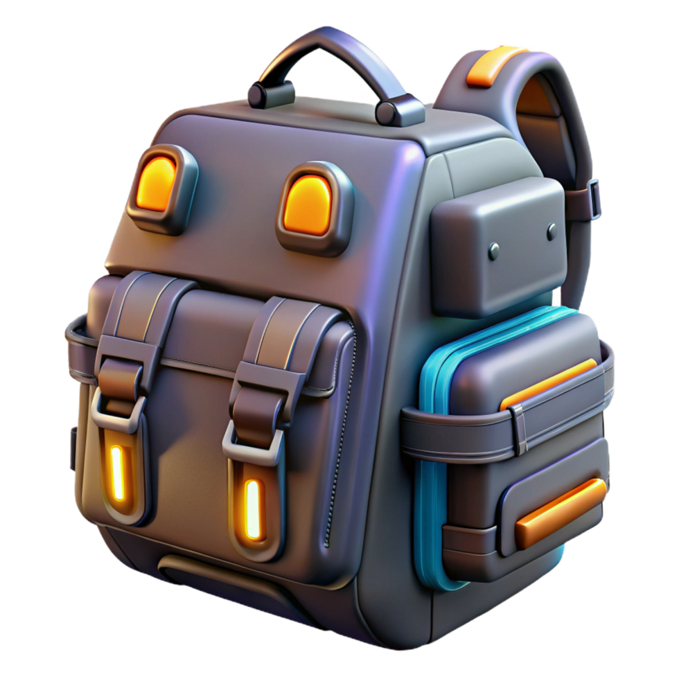 ethereal picturesque Cyberpunk backpack, futuristic design, multiple compartments, glowing accents NO BACKGROUND with Transparent Background. detailed png