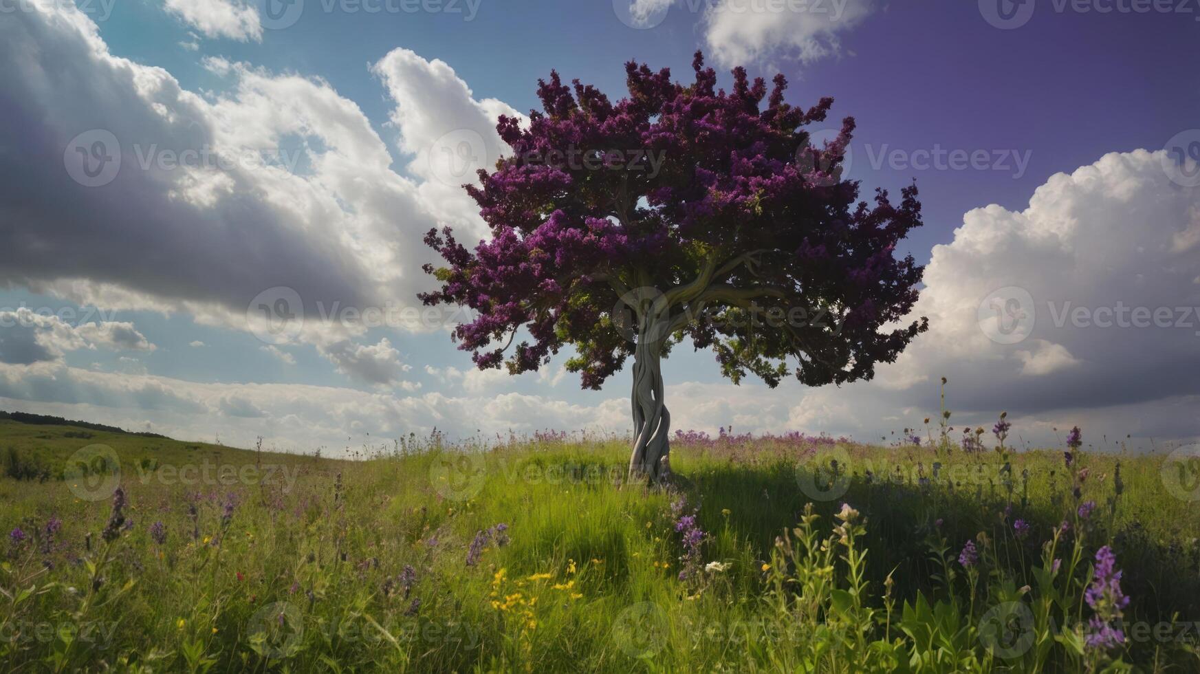 Isolated Flowering Tree in Meadow with Clouds and Blue Sky photo