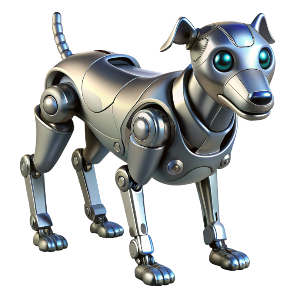 exquisite dramatic traditional Advanced robotic dog, metallic finish, articulated legs, sensor array NO BACKGROUND with Transparent Transparent Background. impeccable png