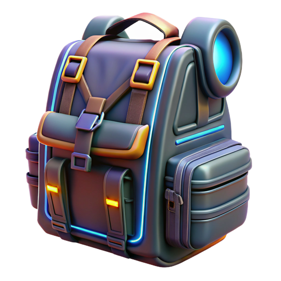 peaceful radiant Cyberpunk backpack, futuristic design, multiple compartments, glowing accents NO BACKGROUND with Transparent Background. crisp png