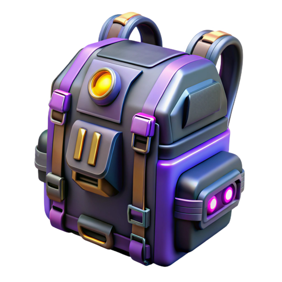 vibrant exceptional Cyberpunk backpack, futuristic design, multiple compartments, glowing accents NO BACKGROUND with Transparent Background. png