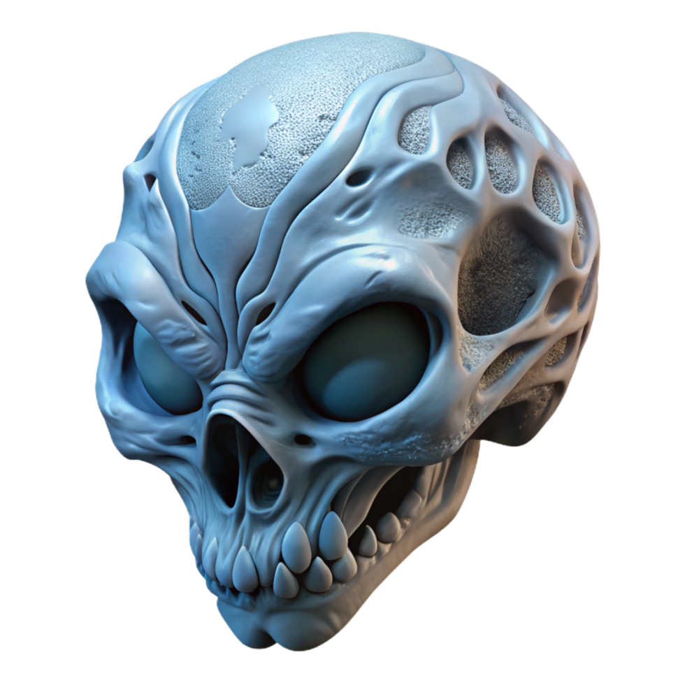 immaculate bold rustic Alien skull, bone structure, intricate details, unusual shape, textured surface NO BACKGROUND with Transparent Background. handcrafted png