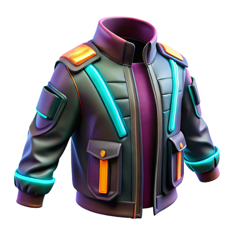exemplary mid-century Cyberpunk jacket, futuristic design, glowing accents, multiple pockets NO BACKGROUND with Transparent Background. 8K png