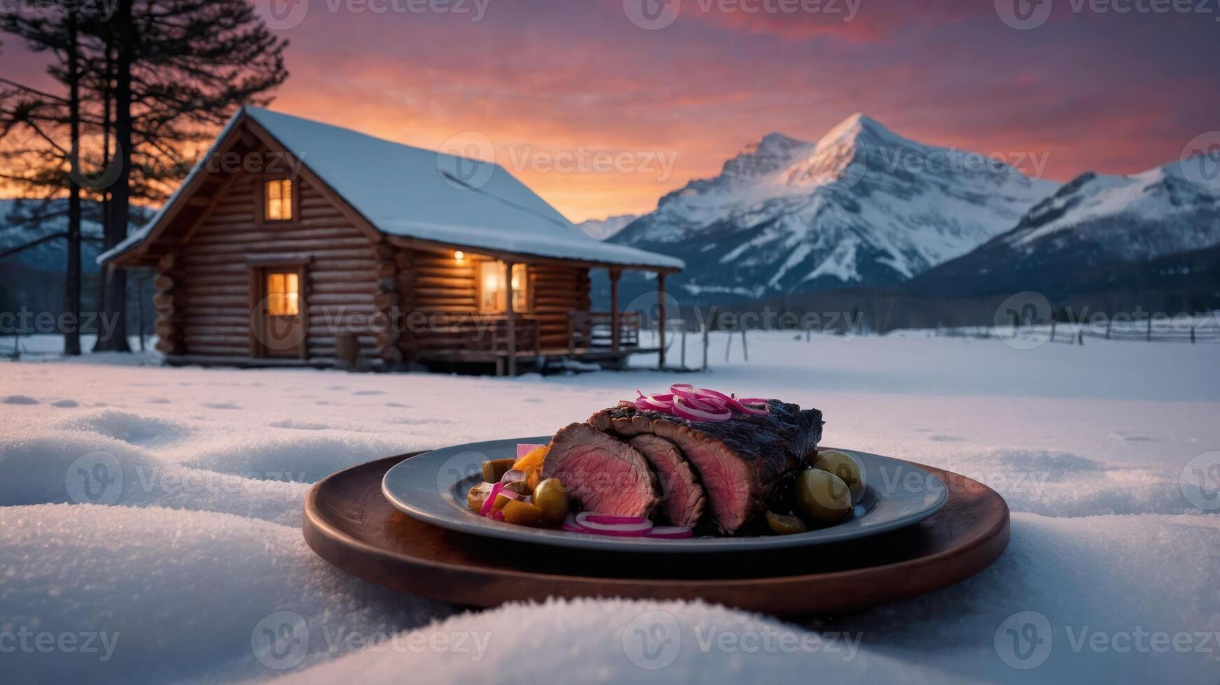 Steak Plate in Snowy Mountain Cabin Scene at Dusk photo