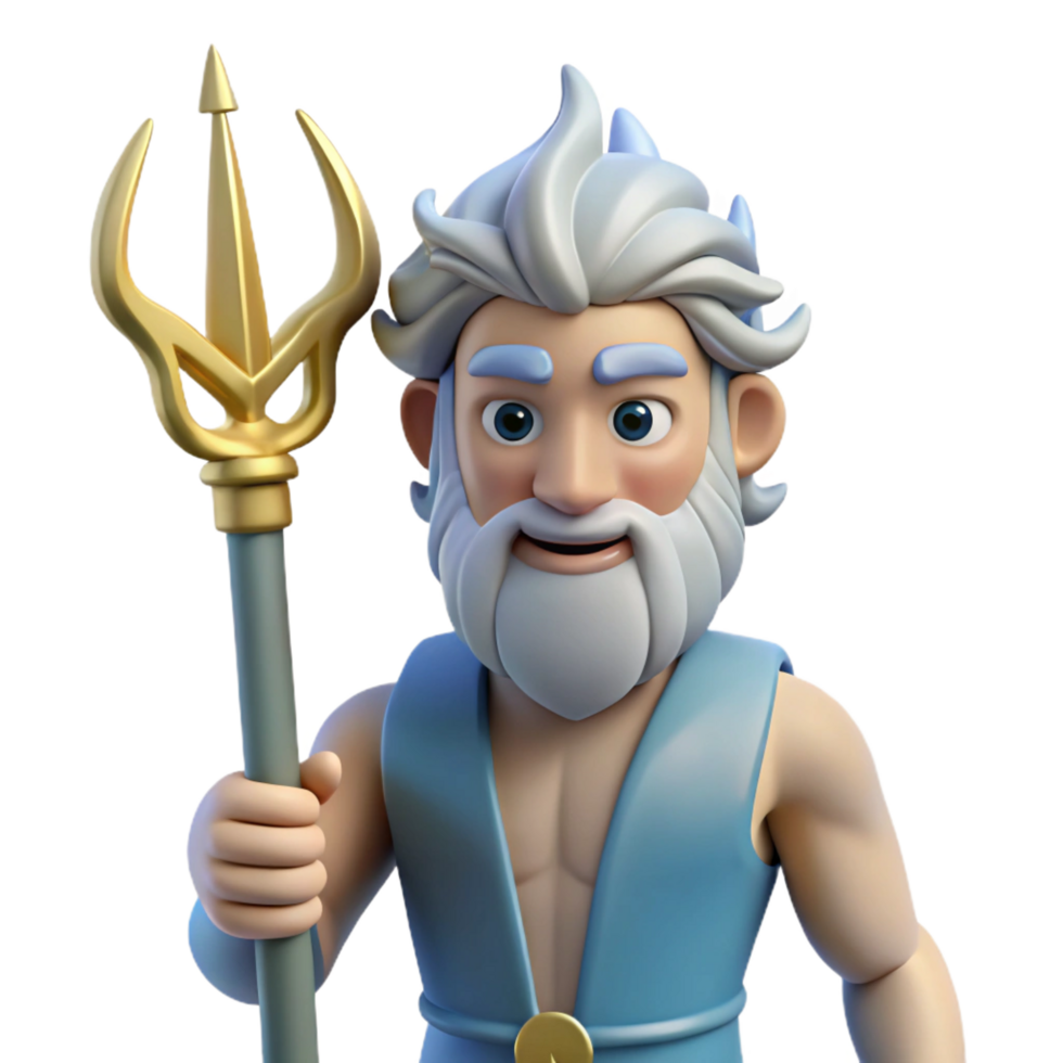 remarkable futuristic Poseidon, god of the sea, holding trident, NO BACKGROUND with Transparent Background. detailed png