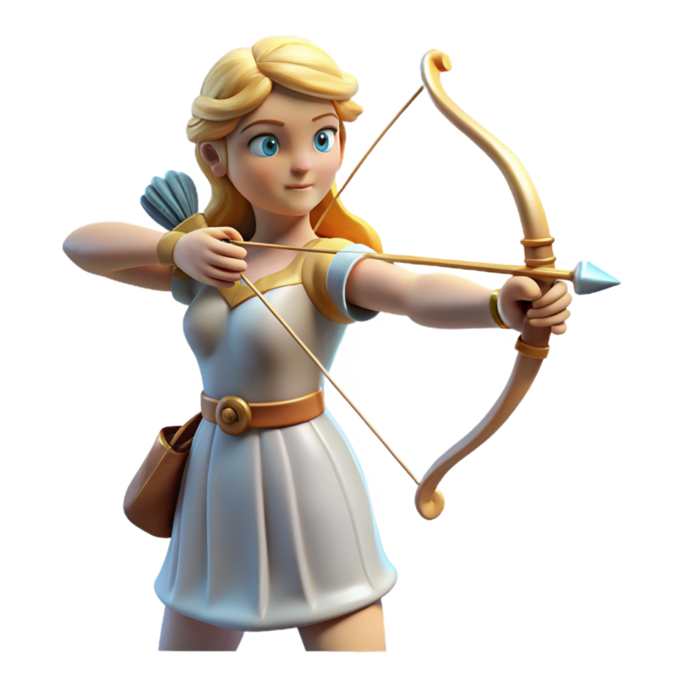 harmonious majestic Artemis, goddess of the hunt, with bow and arrow, NO BACKGROUND with Transparent Background. expertly shot png