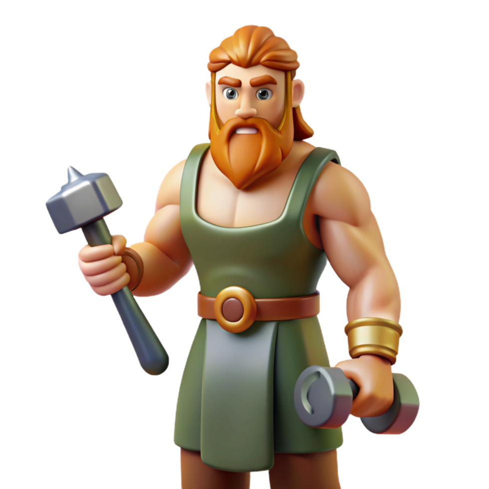 immaculate timeless Hephaestus, god of the forge, holding hammer, NO BACKGROUND with Transparent Background. png