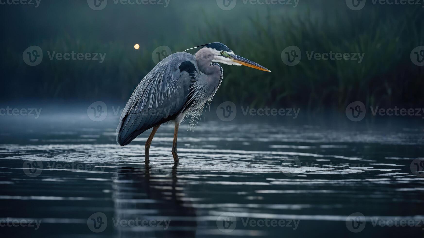 Great Blue Heron Standing in Water on a Foggy Morning photo
