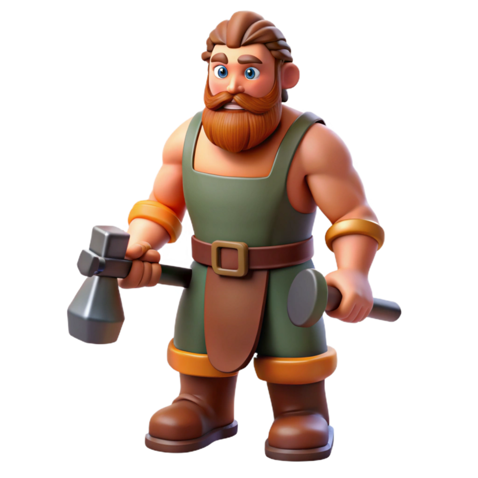 spectacular romantic rustic Hephaestus, god of the forge, holding hammer, NO BACKGROUND with Transparent Background. professional png