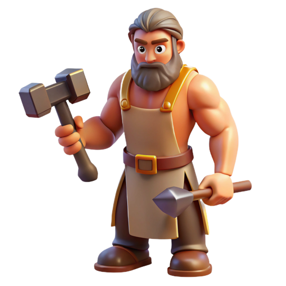 standout avant-garde Hephaestus, god of the forge, holding hammer, NO BACKGROUND with Transparent Background. sharp png