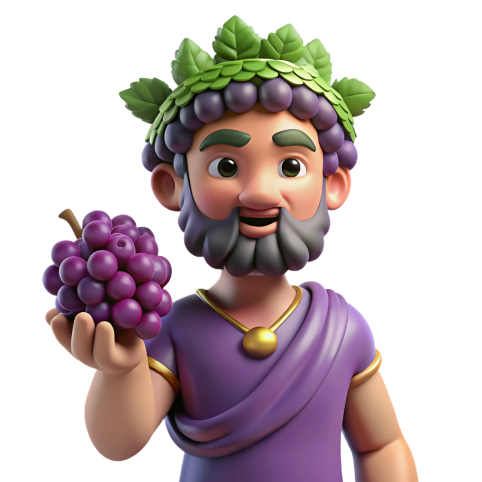 immaculate creative Dionysus, god of wine, holding grapes, NO BACKGROUND with Transparent Background. 4K png