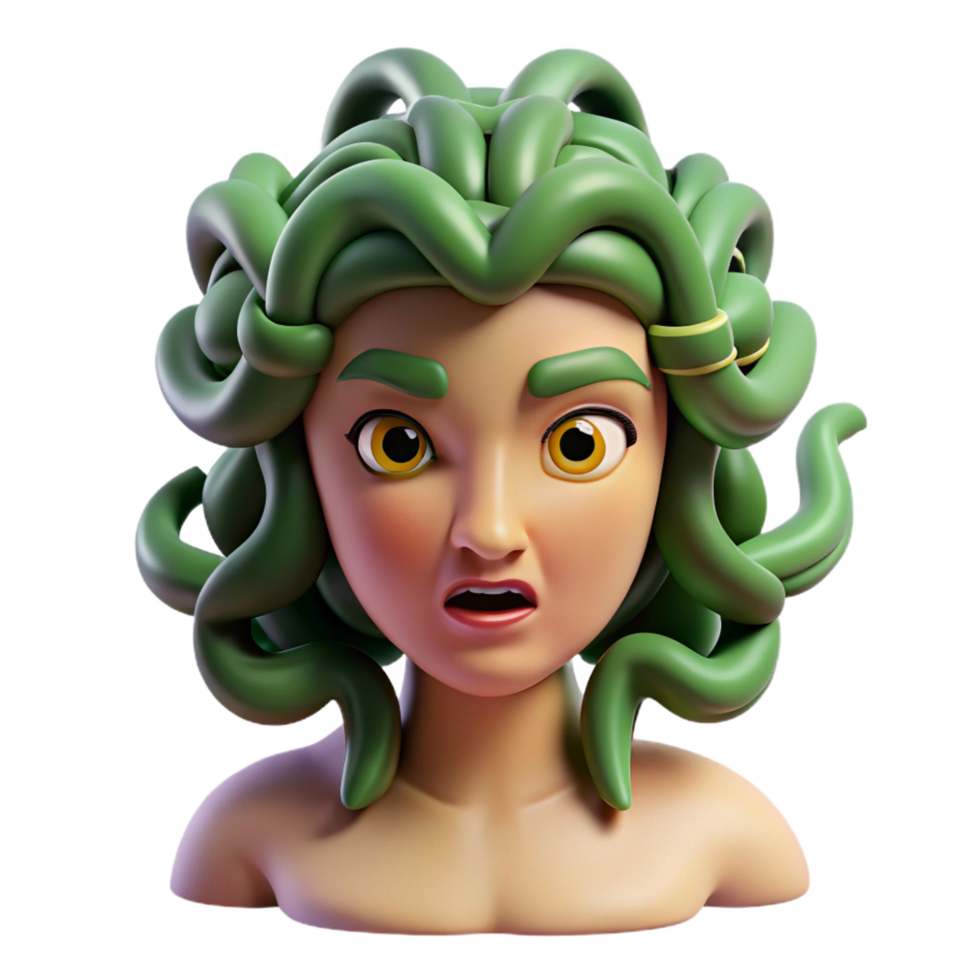 playful stunning Medusa, gorgon with snake hair, terrifying gaze, NO BACKGROUND with Transparent Background. museum quality png