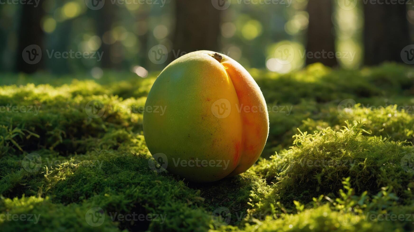 Peach Resting on Moss in a Forest Setting with Bokeh Light photo